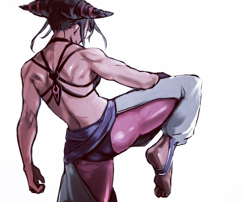 1girl 6maker back back_view bangs black_hair blunt_bangs breasts capcom drill_hair feet female han_juri sideboob sidelocks simple_background soles solo standing_on_one_leg street_fighter street_fighter_iv toes triceps twin_drills white_background