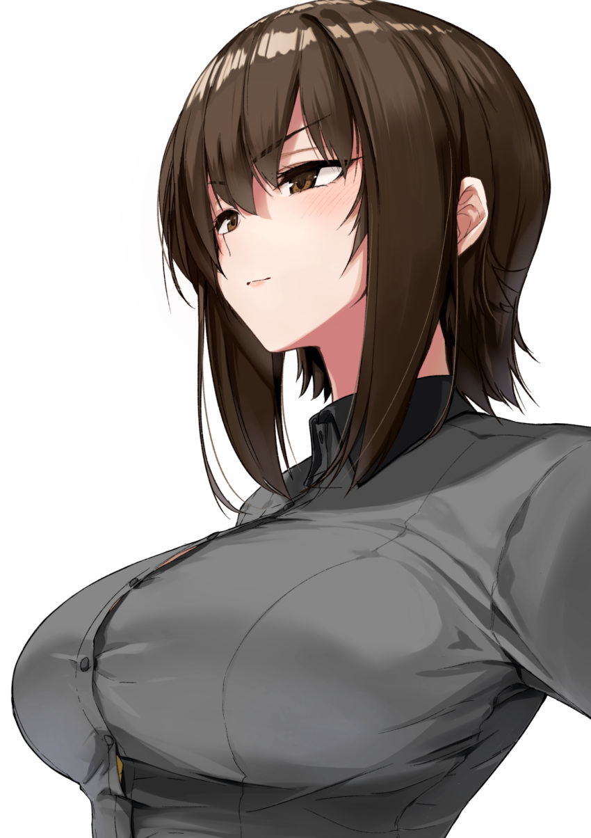 1girl bangs bonnou_109 breasts brown_eyes brown_hair bursting_breasts closed_mouth commentary dress_shirt eyebrows_visible_through_hair girls_und_panzer grey_shirt half-closed_eyes highres kuromorimine_school_uniform large_breasts light_blush light_smile long_sleeves looking_to_the_side nishizumi_maho school_uniform shirt short_hair simple_background solo upper_body white_background wing_collar