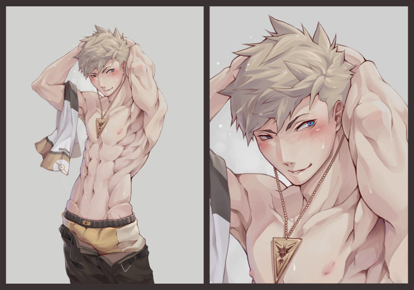 1boy arms_behind_head bangs black_border black_pants blonde_hair blush border briefs chinese_commentary collarbone commentary_request cowboy_shot emblem english_commentary grey_background jewelry jokerpang lightning_bolt_print looking_at_viewer male_focus male_underwear mixed-language_commentary multiple_views muscular muscular_male navel necklace nipples pants parted_lips poke_ball_print pokemon pokemon_(game) pokemon_go shirtless short_hair simple_background spark_(pokemon) spiky_hair standing sweat symbol_commentary team_instinct towel underwear upper_body yellow_briefs zoom_layer