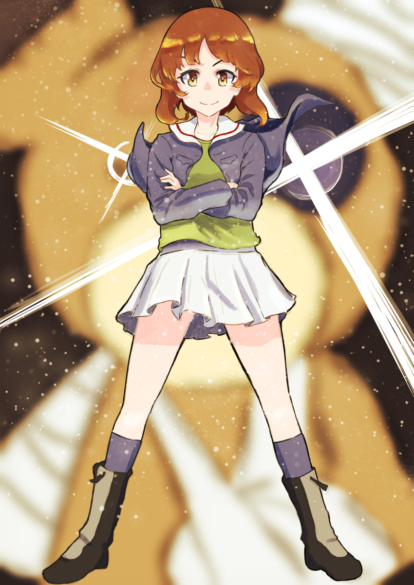 1girl absurdres bangs black_footwear black_legwear blue_jacket blurry blurry_background boko_(girls_und_panzer) boots brown_eyes brown_hair closed_mouth commentary crossed_arms depth_of_field diffraction_spikes girls_und_panzer green_shirt gunbuster_pose highres jacket light_particles long_sleeves looking_at_viewer military military_uniform miniskirt nishizumi_miho ooarai_military_uniform open_clothes open_jacket oritako pleated_skirt shirt short_hair skirt smile socks solo standing stuffed_animal stuffed_toy teddy_bear uniform white_skirt wind