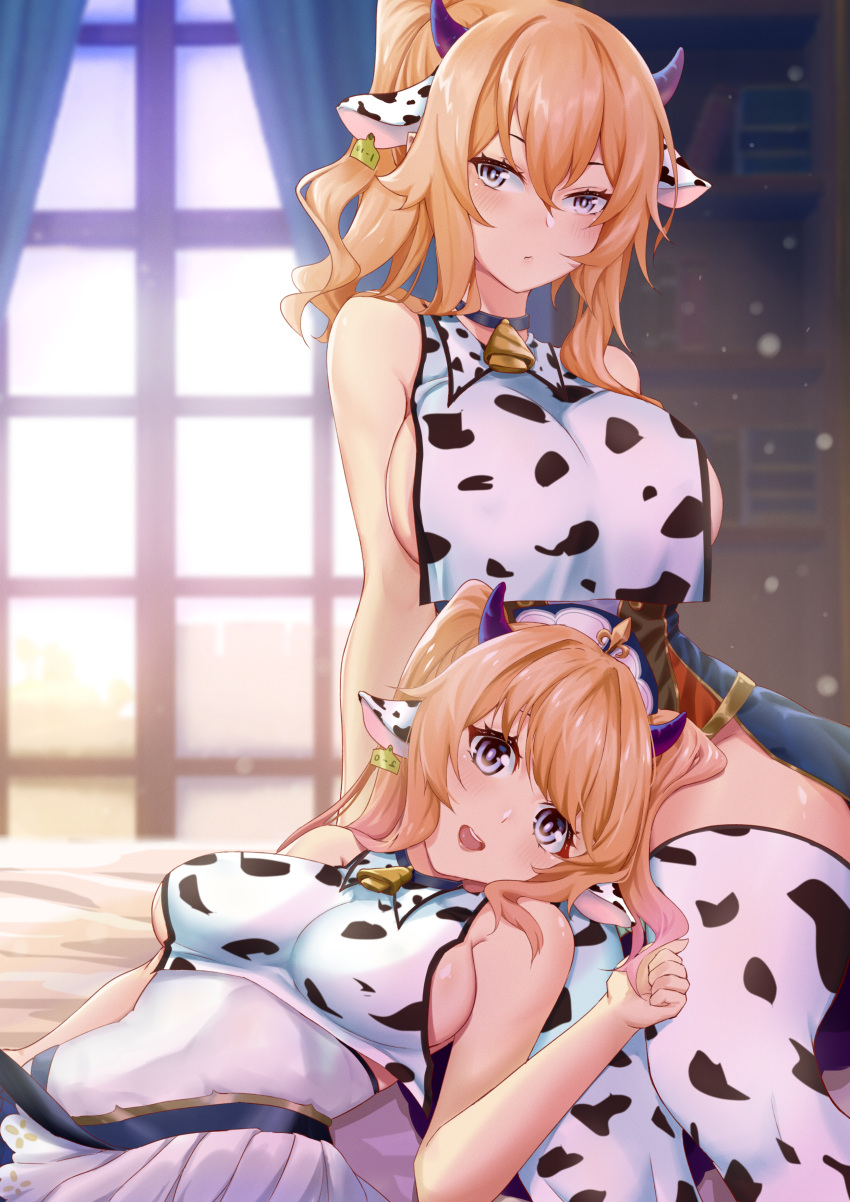 2girls absurdres animal_ears animal_print barbara_(genshin_impact) bare_shoulders bell blonde_hair blue_eyes blush bookshelf breasts cow_ears cow_horns cow_print cowbell ear_tag genshin_impact hat highres horns hpapo huge_filesize jean_gunnhildr lap_pillow large_breasts looking_at_viewer lying medium_breasts multiple_girls on_back ponytail siblings sideboob sisters skirt thigh-highs twintails window