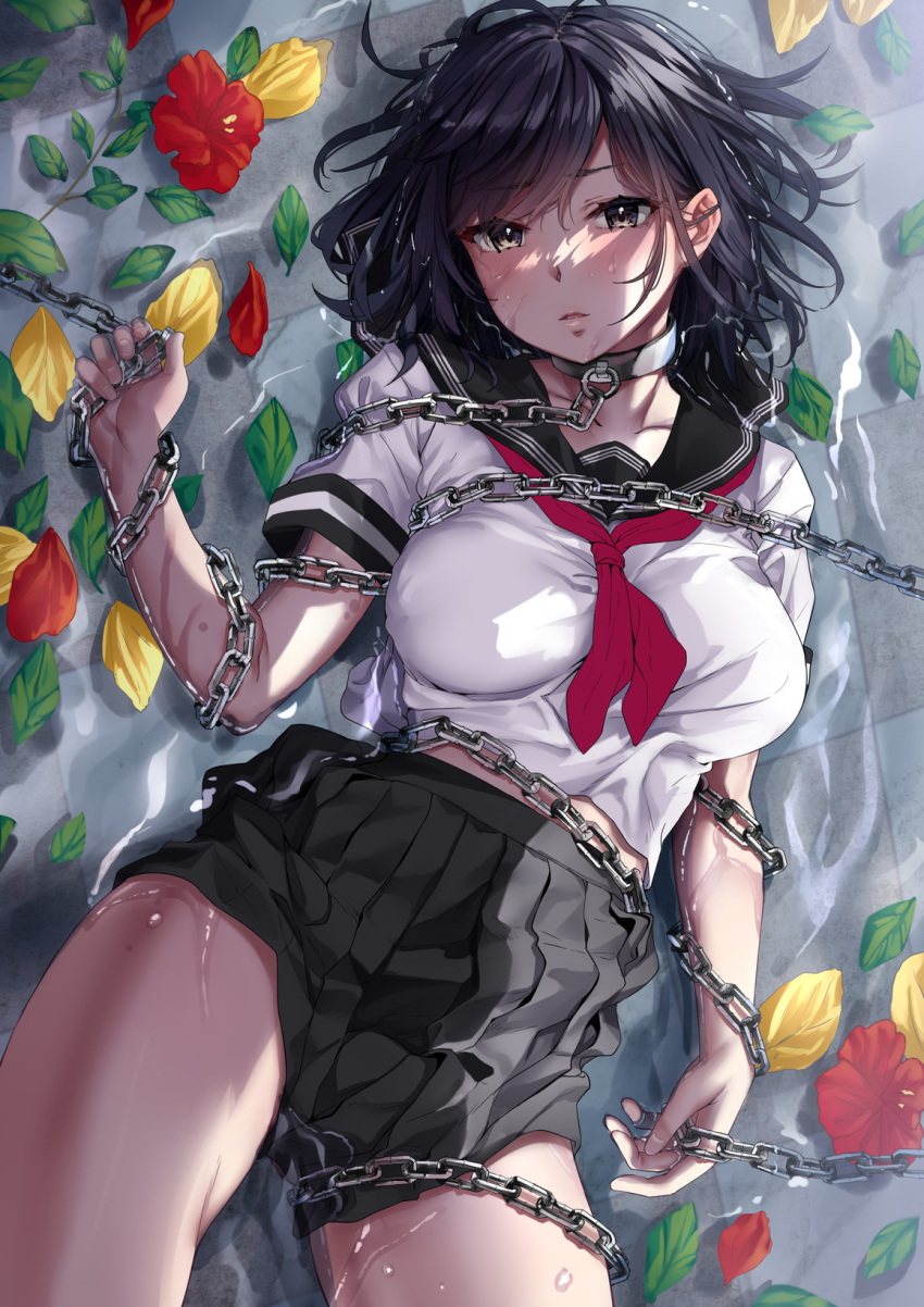 1girl bangs black_hair black_skirt blush breasts chain collar commentary_request eyebrows_visible_through_hair grey_eyes highres jack_dempa large_breasts leaf lying medium_hair on_back original partially_submerged pleated_skirt red_neckwear sailor_collar school_uniform serafuku shirt short_sleeves skirt swept_bangs thighs tile_floor tiles water wet white_shirt