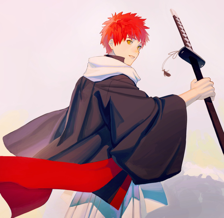 1boy alternate_costume black_kimono fate/grand_order fate_(series) from_side highres holding holding_sword holding_weapon japanese_clothes katana kimono looking_at_viewer male_focus parted_lips redhead scarf sengo_muramasa_(fate) simple_background solo sumssingbo sword tassel upper_body weapon white_scarf wide_sleeves yellow_eyes