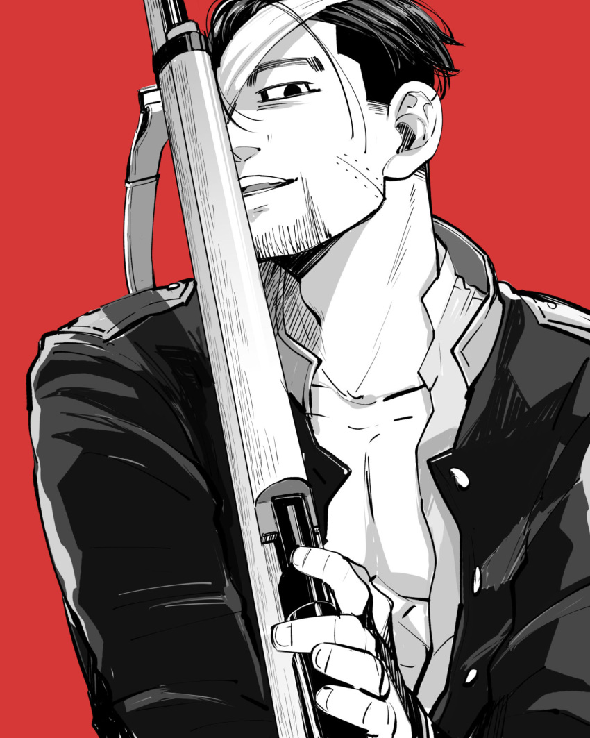 1boy arisaka bandaged_head bandages black_eyes black_hair black_jacket bolt_action buttons collar collarbone collared_jacket commentary_request eyepatch facial_hair goatee golden_kamuy greyscale gun hair_slicked_back hair_strand highres holding holding_gun holding_weapon imperial_japanese_army jacket long_sleeves looking_at_viewer male_focus military military_uniform monochrome o_tese ogata_hyakunosuke open_clothes red_background rifle scar scar_on_cheek scar_on_face shirt short_hair simple_background solo spot_color stubble toned toned_male undercut uniform upper_body weapon white_shirt
