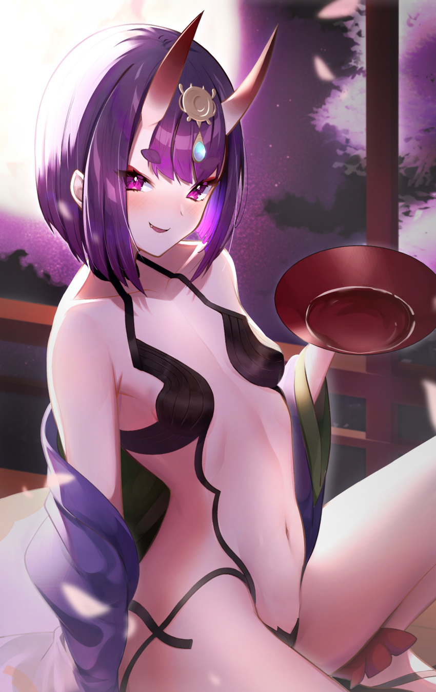 1girl absurdres alcohol bare_shoulders blush cup fang fate/grand_order fate_(series) full_moon hair_between_eyes highres holding holding_cup horns knee_up looking_at_viewer medium_hair midriff moon navel oni oni_horns parted_lips purple_hair revealing_clothes sakazuki sake shuten_douji_(fate/grand_order) sman smile smug solo takom violet_eyes