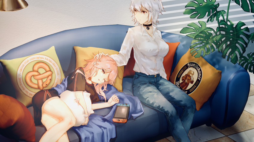3girls absurdres alternate_costume bangs beer_mug bismarck_(warship_girls_r) blackletter blinds blonde_hair breasts casual character_pillow character_request check_character chinese_commentary commentary_request couch cross_choker cup day denim dress_shirt food galo_(warship_girls_r) german_text glowworm_(warship_girls_r) hand_on_another's_head handheld_game_console highres huge_filesize indoors jeans lamp long_hair looking_at_another lying maltese_cross medium_breasts messy_hair monstera_deliciosa mug multiple_girls n.s.egg nintendo_ds on_side one_eye_closed pants petting pillow pink_hair plant potted_plant pretzel resting robe shirt short_hair shorts sitting swept_bangs tile_floor tiles tirpitz_(warship_girls_r) translation_request two_side_up warship_girls_r white_shirt
