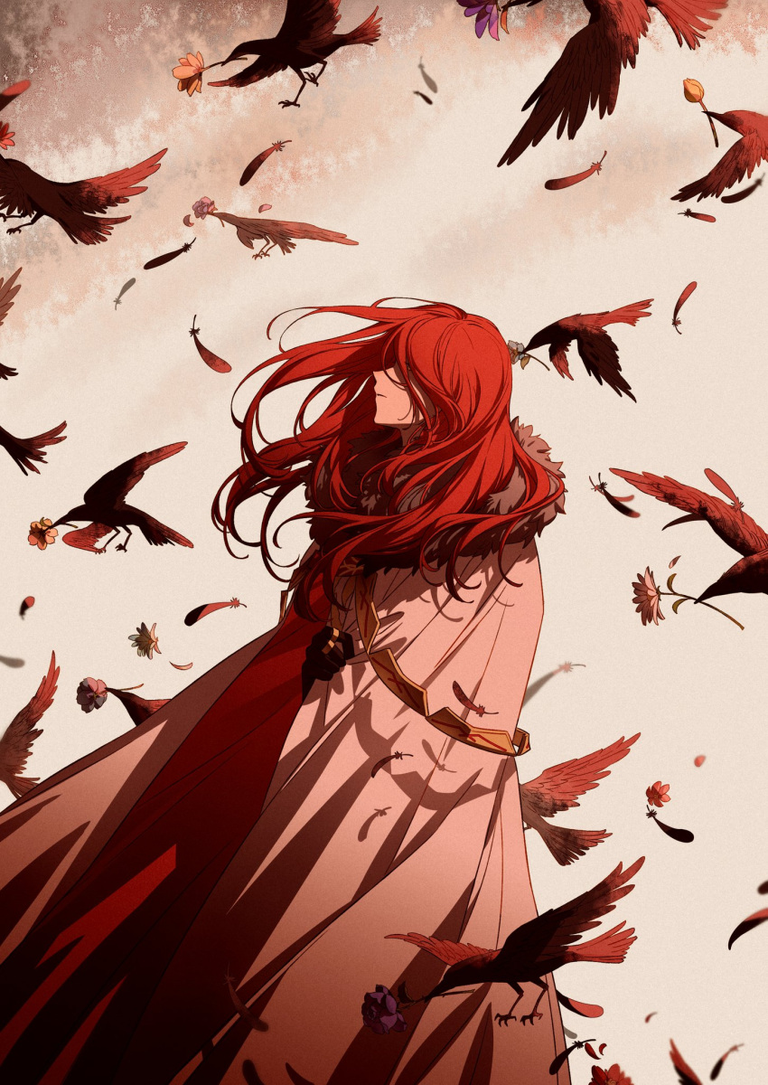 1boy bird cape feathers flower gloves highres holding holding_cape long_hair looking_away redhead solo_focus tristan_(fate/grand_order)