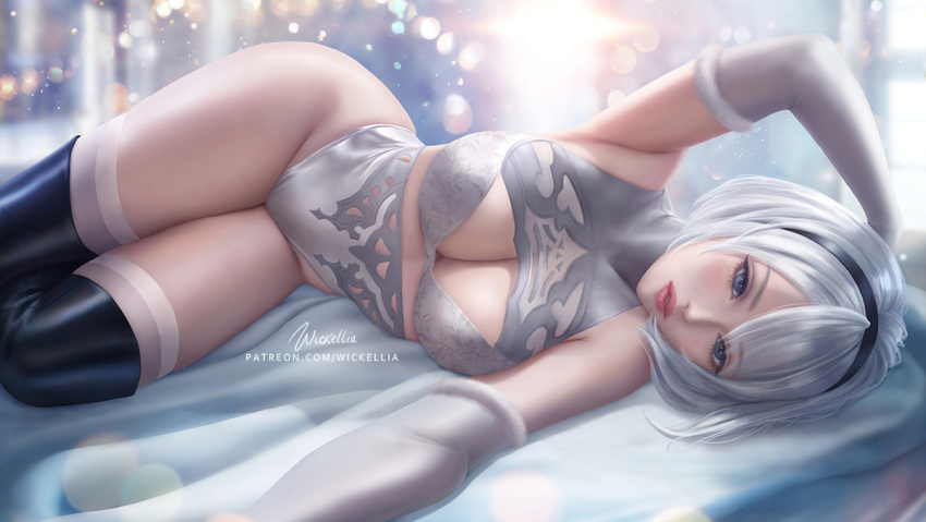 1girl artist_name black_hairband black_legwear blue_eyes breasts commentary curvy elbow_gloves english_commentary gloves hairband large_breasts lying nier_(series) on_side parted_lips patreon_username solo thick_thighs thigh-highs thighs watermark web_address white_gloves white_hair wickellia yorha_no._2_type_b