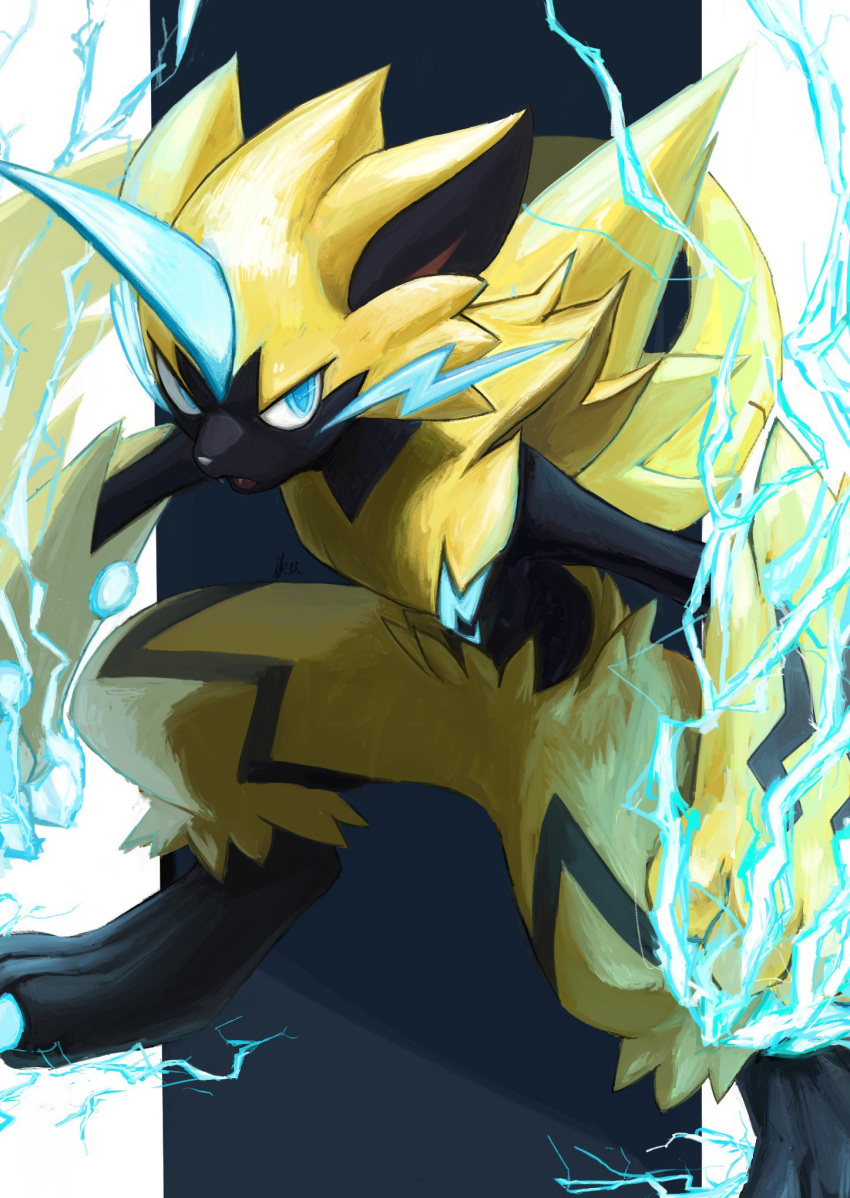 blue_eyes claws electricity fangs gen_7_pokemon highres ikei mixed-language_commentary mythical_pokemon no_humans open_mouth pokemon pokemon_(creature) sideways_glance solo yellow_fur zeraora