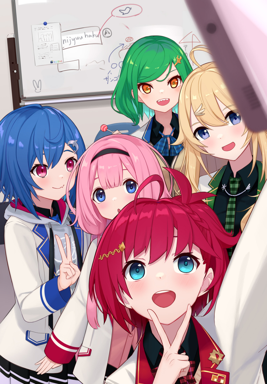 5girls ahoge asahina_akane_(nijisanji) billboard blonde_hair blue_hair commentary_request green_hair hair_ornament headband highres jacket kitakouji_hisui multiple_girls nijisanji nijyuuhaku nishizono_chigusa open_mouth pink_hair redhead school_uniform self_shot suou_sango toudou_kohaku v virtual_youtuber