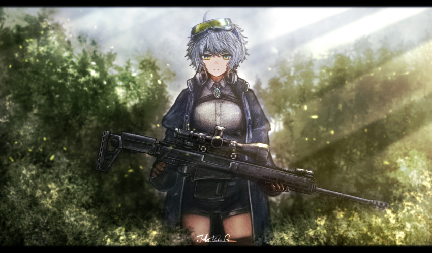1girl chukavin_svch expressionless girls_frontline gloves goggles goggles_on_head green_eyes gun headphones headphones_around_neck highres holding holding_gun holding_weapon jacket jhands_onpc looking_at_viewer nature outdoors rifle scope shirt short_hair shorts silver_hair sniper_rifle solo svch_(girls_frontline) thigh-highs thighs weapon white_shirt