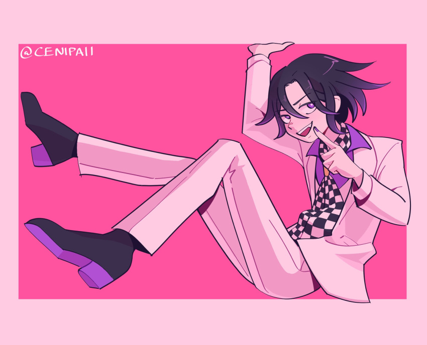 1boy black_hair bright_pupils ceni checkered checkered_neckwear dangan_ronpa_(series) dangan_ronpa_v3:_killing_harmony fang formal hair_between_eyes highres jacket long_sleeves looking_at_viewer male_focus official_alternate_costume open_mouth ouma_kokichi pant_suit purple_hair purple_nails short_hair simple_background sitting smile solo suit vest violet_eyes white_pupils