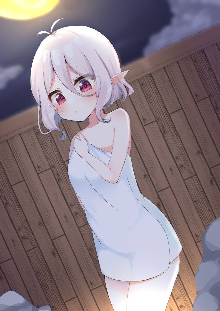 1girl :o antenna_hair bangs bare_arms bare_shoulders blurry blurry_background blush breasts clouds collarbone commentary_request depth_of_field dutch_angle eyebrows_visible_through_hair fence full_moon hair_between_eyes hand_up highres kokkoro_(princess_connect!) moon naked_towel night night_sky outdoors parted_lips pointy_ears princess_connect! princess_connect!_re:dive red_eyes silver_hair sky small_breasts solo standing suzu_(minagi) towel