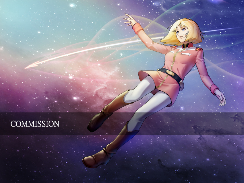 1girl belt blonde_hair blue_eyes boots brown_footwear commission floating_hair full_body gundam highres jacket knee_boots long_sleeves looking_up medium_hair military_jacket mobile_suit_gundam pants parted_lips pink_jacket roviahc sayla_mass sky solo star_(sky) starry_sky tears white_pants