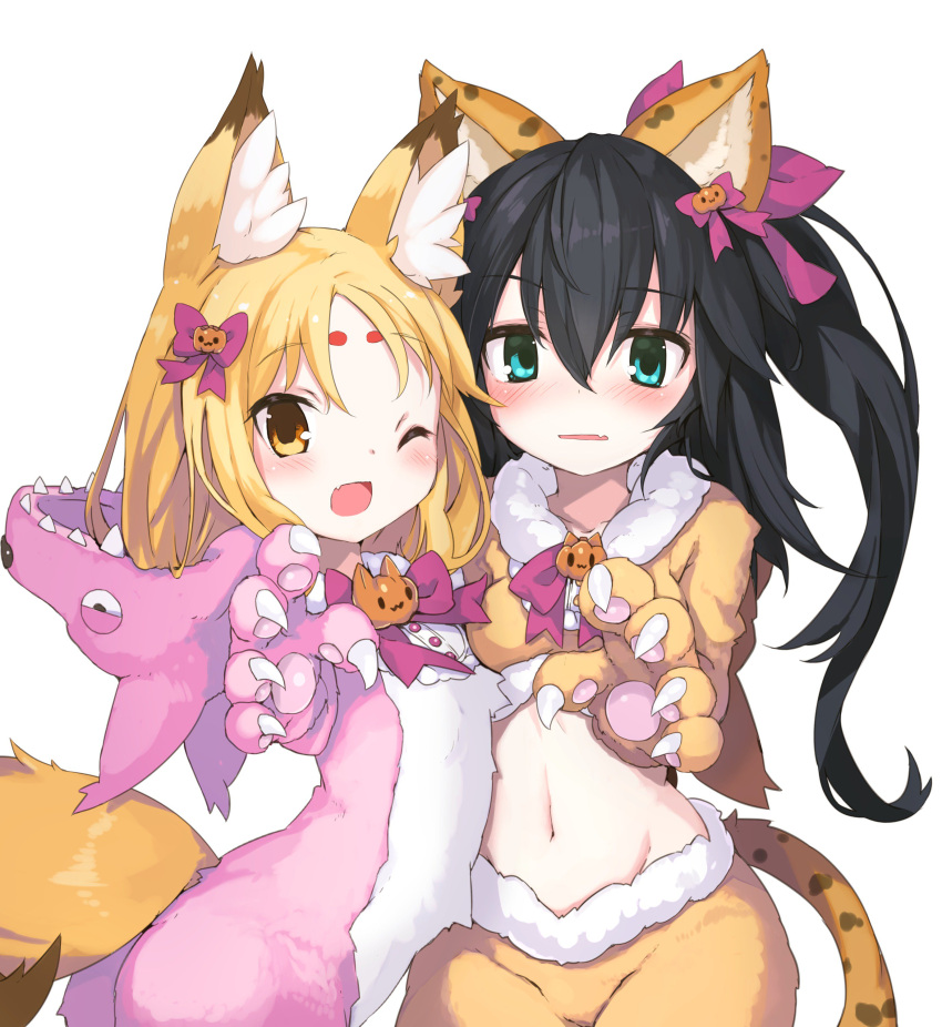 2girls absurdres animal_costume animal_ear_fluff animal_ears armadillon bangs black_hair blonde_hair blue_eyes blush bow brown_eyes claw_pose collarbone cowboy_shot eyebrows_visible_through_hair fake_animal_ears fake_tail fang food_themed_hair_ornament fox_ears fox_tail fur_trim gloves hair_between_eyes hair_bow hair_ornament highres hikimayu leopard_ears leopard_tail long_hair looking_at_viewer midriff multiple_girls navel one_eye_closed open_mouth original parted_bangs parted_lips paw_gloves paws pink_bow pumpkin_hair_ornament side_ponytail simple_background tail white_background wolf_costume