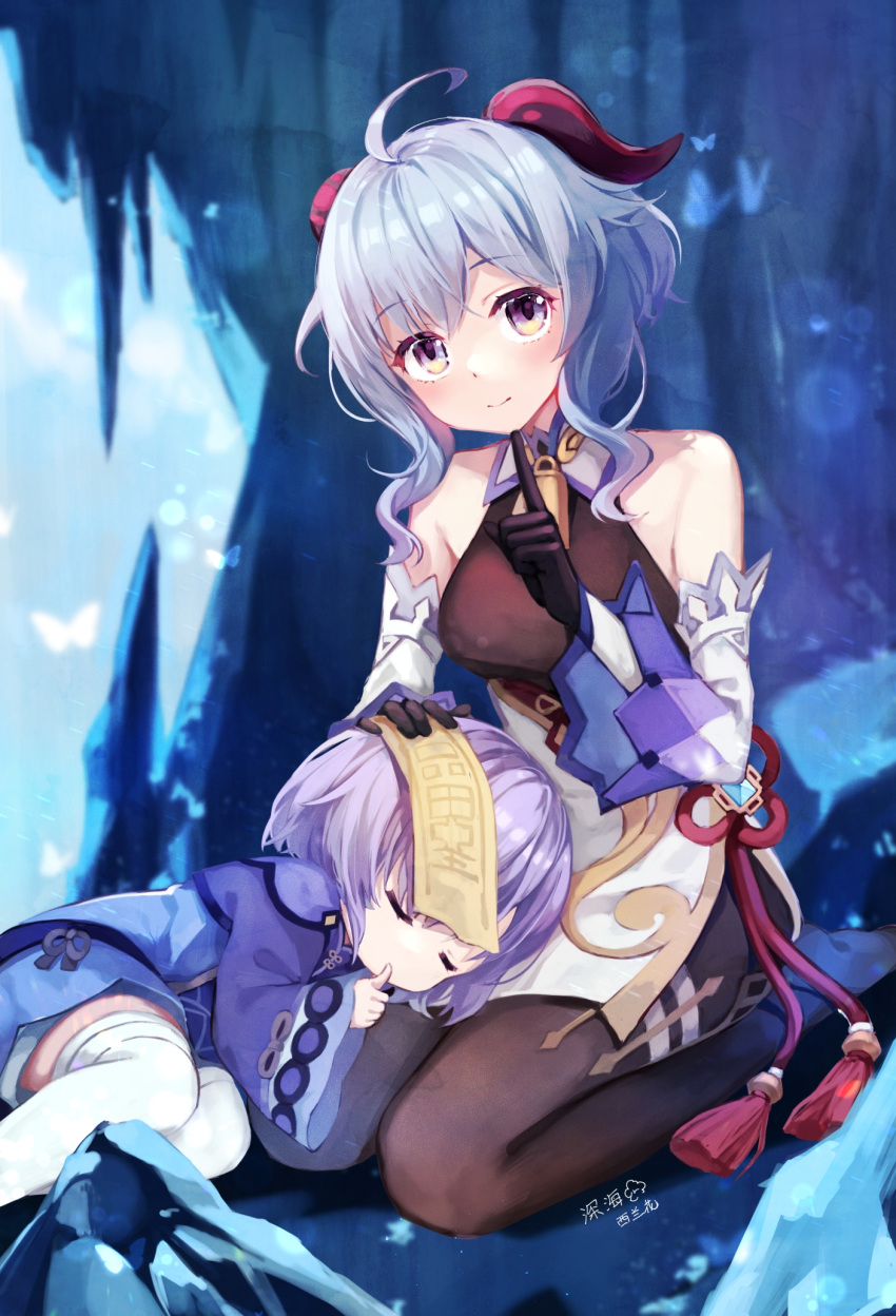 2girls ahoge bell black_legwear blue_hair cave closed_eyes cowbell finger_to_mouth full_body ganyu_(genshin_impact) genshin_impact hand_on_another's_head highres horns index_finger_raised jiangshi kneeling lap_pillow looking_at_viewer multiple_girls outdoors petting purple_hair qiqi shinkai_kokoa shushing sleeping smile thigh-highs thumb_sucking violet_eyes