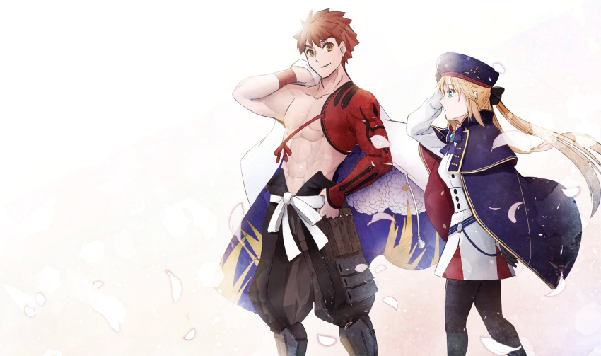 1boy 1girl artoria_pendragon_(all) artoria_pendragon_(caster) bangs belt beret blonde_hair blue_cape blue_headwear cape commentary_request cowboy_shot emiya_shirou fate/grand_order fate_(series) floral_print green_eyes hat highres igote limited/zero_over long_hair long_sleeves low_twintails orange_eyes petals redhead ribbon sengo_muramasa_(fate) smile striped_belt twintails wristband y_udumi
