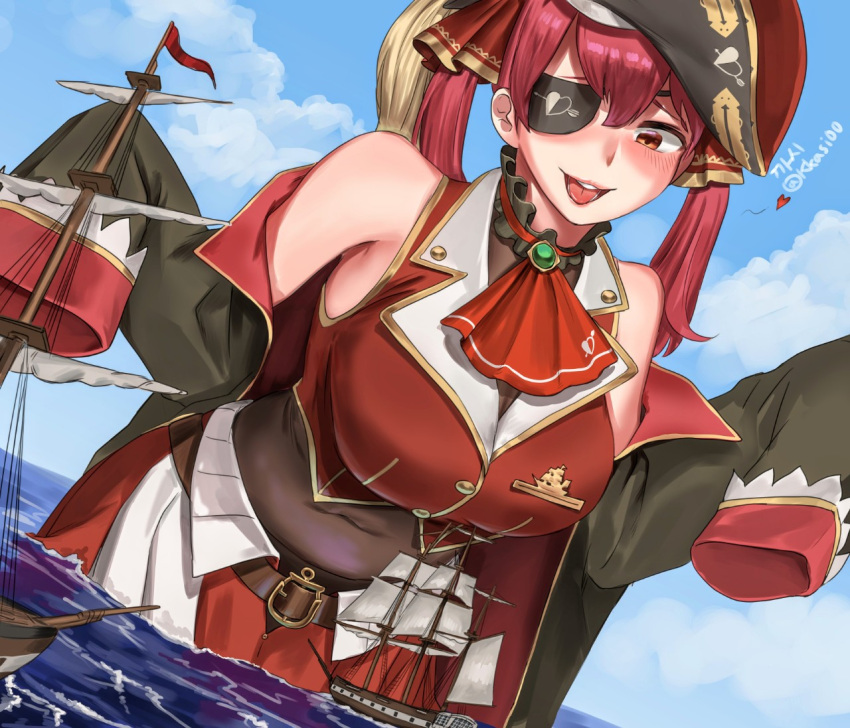 arrow_through_heart artist_name ascot bangs belt belt_buckle black_choker black_coat black_eyepatch blush breasts buckle buttons choker clouds coat covered_navel crop_top embroidery english_commentary eyepatch frilled_choker frills giant giantess gold_trim hair_ribbon hat hololive houshou_marine jacket kkasi00 large_breasts leather_belt long_sleeves ocean open_mouth pirate_costume pirate_hat red_eyes red_jacket red_neckwear red_ribbon red_skirt redhead ribbon sail ship skirt sky sleeveless twintails two-tone_skirt w_arms water watercraft white_skirt