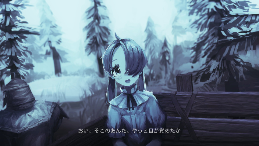 1boy 1girl absurdres bangs blue_theme blush carriage darandy dress hair_over_one_eye highres long_hair low_twintails meme monochrome open_mouth original outdoors parody short_sleeves sitting the_elder_scrolls the_elder_scrolls_v:_skyrim translation_request tree twintails