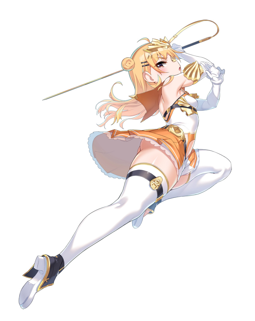 1girl bangs blonde_hair boots double_bun elbow_gloves escalation_heroines full_body gloves hair_ornament hairclip headdress highres holding holding_sword holding_weapon long_hair miniskirt official_art profile redhead skirt solo sword thigh-highs thigh_boots transparent_background urara_haruhina weapon white_footwear white_gloves