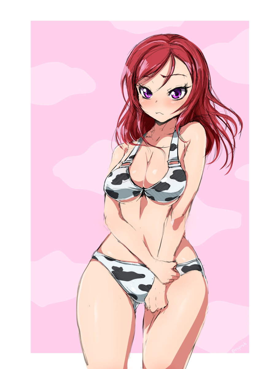 1girl animal_print bikini border breasts cloud_background commentary_request cow_print cowboy_shot highres large_breasts looking_at_viewer love_live! love_live!_school_idol_project medium_breasts nishikino_maki pink_background redhead solo swimsuit violet_eyes white_bikini white_border yatarou_(rapidrabbit)