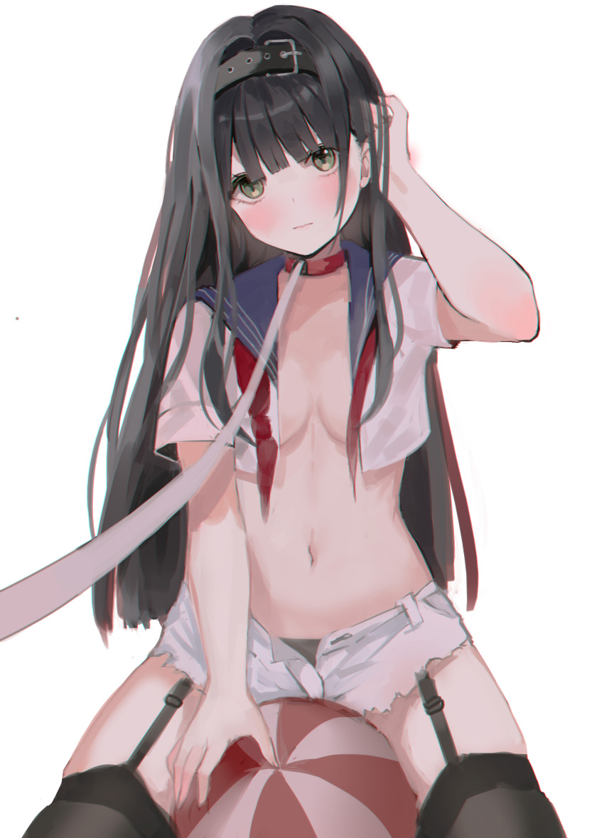 1girl absurdres arm_up ball beachball belt black_hair black_legwear black_panties breasts collar crop_top cutoffs garter_straps green_eyes highres hum_(ten_ten) leash long_hair looking_at_viewer medium_breasts midriff navel neckerchief no_bra open_clothes open_fly open_shirt original panties sailor_collar sailor_shirt shirt short_shorts short_sleeves shorts simple_background solo stomach thigh-highs thighs underwear white_background white_shirt white_shorts