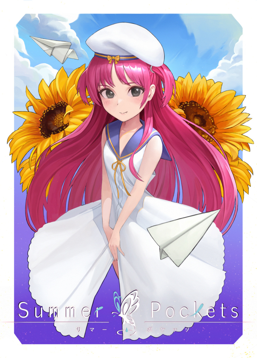 1girl black_eyes blue_sailor_collar blue_sky blush clouds cloudy_sky copyright_name dress fang flower hat highres katou_umi long_hair looking_at_viewer moon_(yfsp7823) paper_airplane sailor_collar sailor_dress sky sleeveless sleeveless_dress solo summer_pockets two_side_up white_dress white_headwear yellow_flower