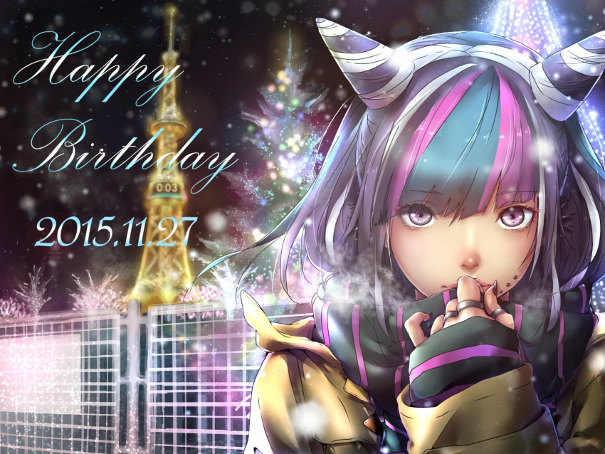 1girl bangs black_hair black_nails black_scarf blue_hair christmas_lights christmas_tree commentary_request dangan_ronpa_(series) dangan_ronpa_2:_goodbye_despair dated ear_piercing eyebrows_visible_through_hair fake_horns finger_to_mouth happy_birthday highres horns jewelry long_hair long_sleeves looking_at_viewer mioda_69ch mioda_ibuki multicolored_hair nail_polish outdoors piercing pink_eyes pink_hair pink_scarf ring scarf sleeves_past_wrists smile snowing solo upper_body white_hair