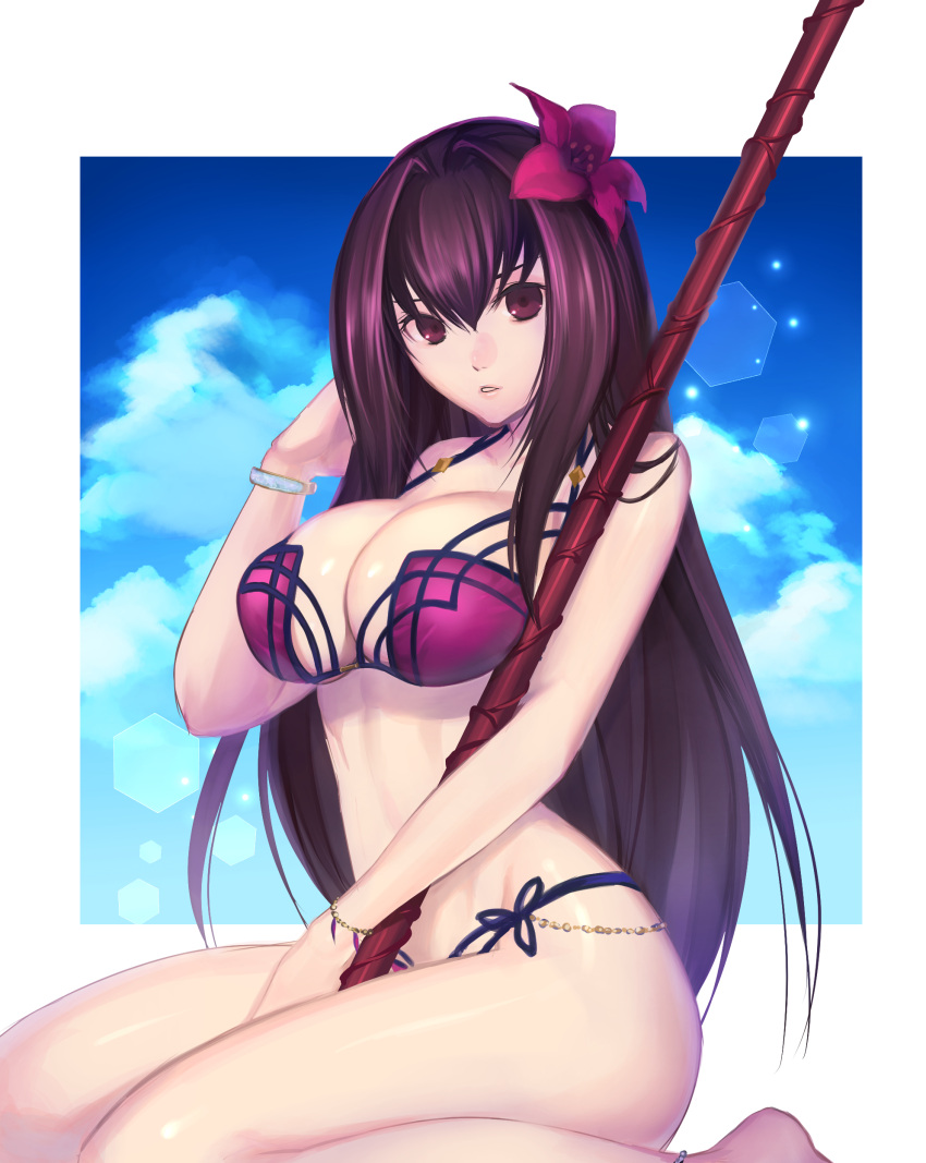 absurdres alternate_costume bikini blue_sky breasts clouds cloudy_sky fate/grand_order fate_(series) flower gae_bolg hair_flower hair_intakes hair_ornament hibiscus highres large_breasts leg_garter purple_hair red_eyes ri-ko scathach_(fate)_(all) scathach_(swimsuit_assassin)_(fate) sitting sky swimsuit