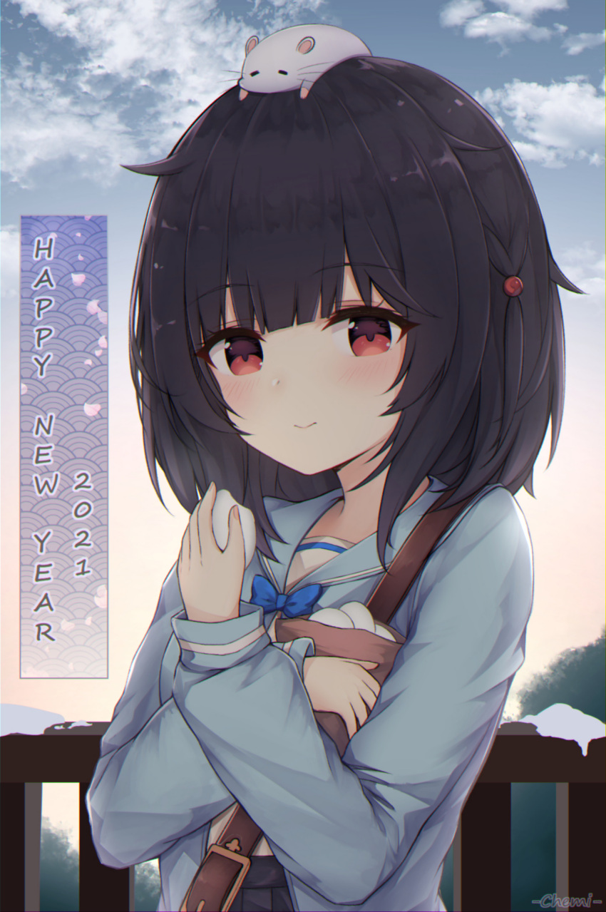 1girl 2021 animal_on_head bangs black_hair black_skirt blue_jacket blue_neckwear blue_sailor_collar blue_sky bow bowtie closed_mouth clouds commentary day english_commentary eyebrows_visible_through_hair fence food granblue_fantasy happy_new_year highres holding holding_food jacket linez looking_at_viewer mochi mouse new_year on_head open_clothes open_jacket outdoors pleated_skirt red_eyes sailor_collar shirt skirt sky smile snow solo vikala_(granblue_fantasy) white_shirt