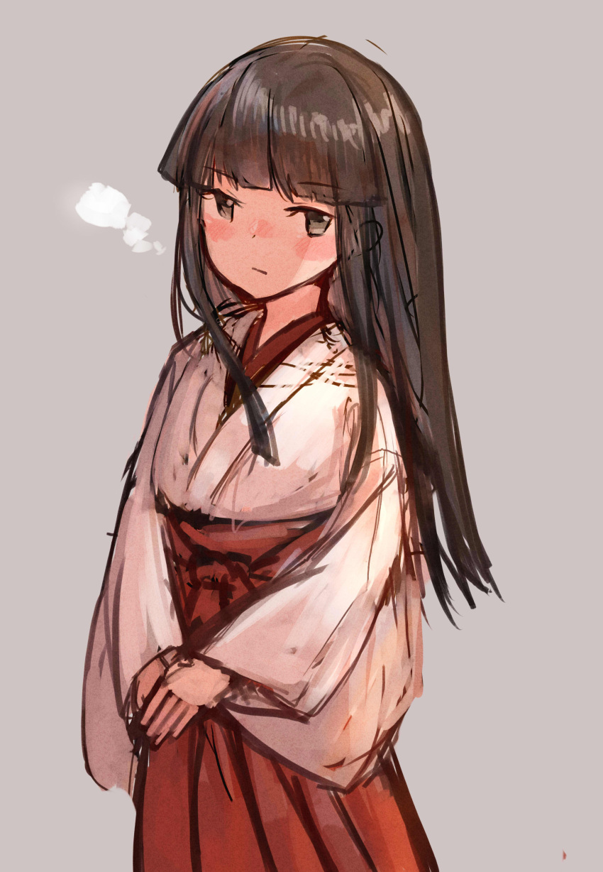 1girl absurdres alternate_costume bangs black_hair blunt_bangs breath brown_eyes commentary grey_background hakama hatsuyuki_(kantai_collection) highres hime_cut japanese_clothes kantai_collection kimono long_hair looking_at_viewer miko red_hakama simple_background solo standing v_arms wss_(nicoseiga19993411)