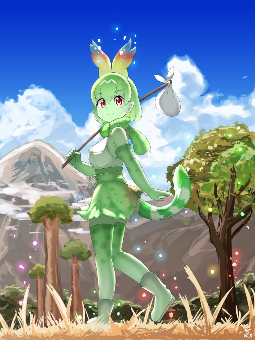 1girl animal_ears bare_shoulders bow bowtie cerval colored_skin commentary_request elbow_gloves extra_ears eyebrows_visible_through_hair full_body gloves green_footwear green_gloves green_hair green_legwear green_neckwear green_skin green_skirt high-waist_skirt highres kemono_friends multicolored_hair print_gloves print_legwear print_neckwear print_skirt rainbow_hair red_eyes serval_ears serval_girl serval_print serval_tail shi_(kamokamo910) shirt short_hair skirt sleeveless solo sparkle tail thigh-highs walking white_shirt