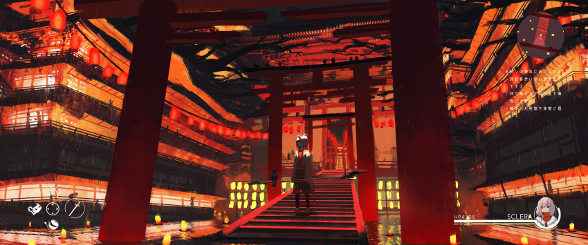 1girl absurdres antenna_mast asteroid_ill bird crow fox_mask geta highres holding hood hoodie japanese_clothes lamp long_hair mask multiple_torii open_mouth original pagoda scenery sclera_(asteroid_ill) silhouette solo stairs standing tabi torii wide_shot yellow_eyes