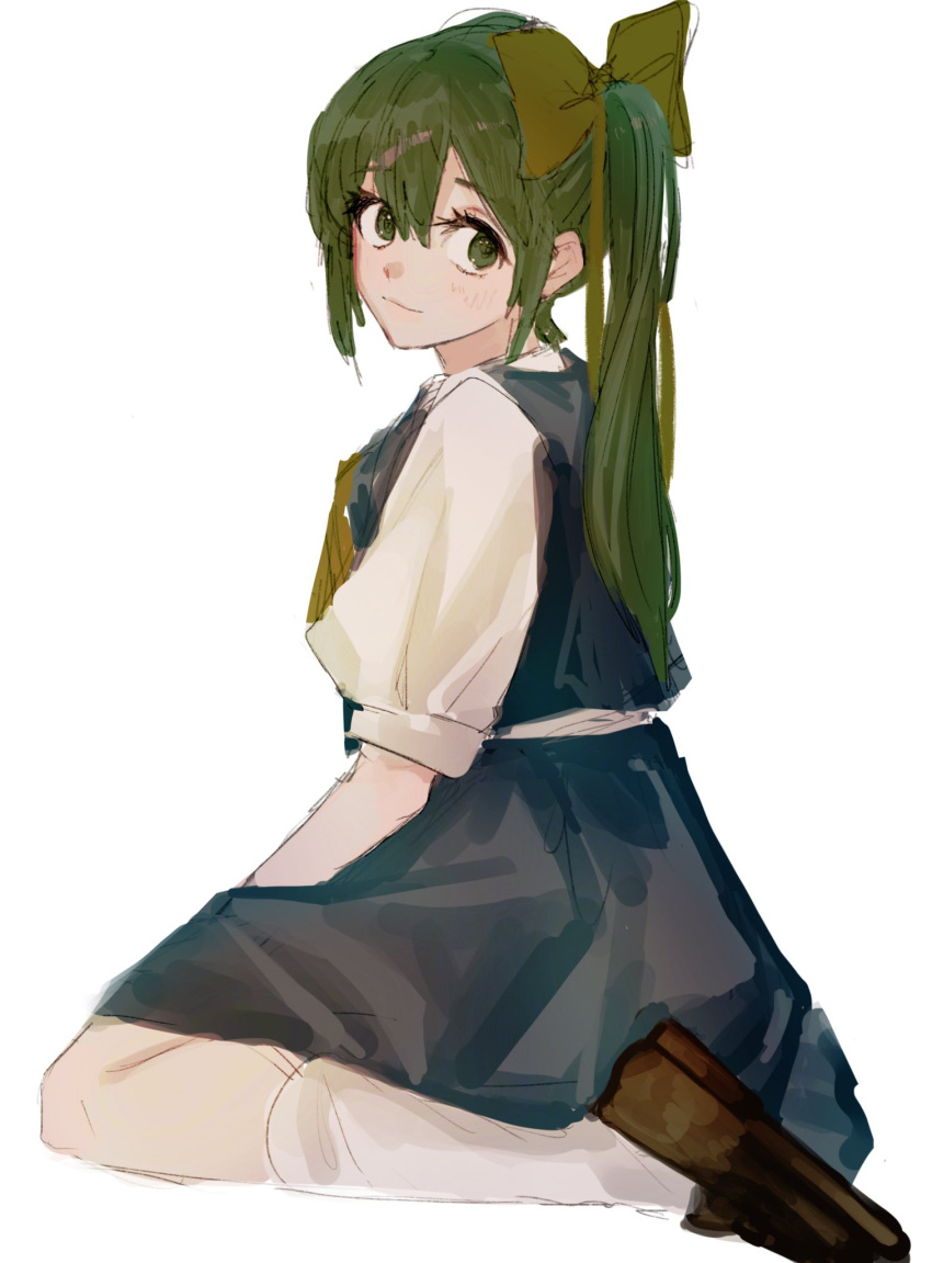 1girl blue_skirt blue_vest bow brown_footwear closed_mouth daiyousei eyebrows_visible_through_hair gotagotay green_eyes green_hair hair_between_eyes hair_bow highres light_smile long_hair looking_at_viewer looking_back puffy_short_sleeves puffy_sleeves short_sleeves side_ponytail sidelocks simple_background sitting skirt solo touhou vest wariza white_background white_legwear yellow_bow
