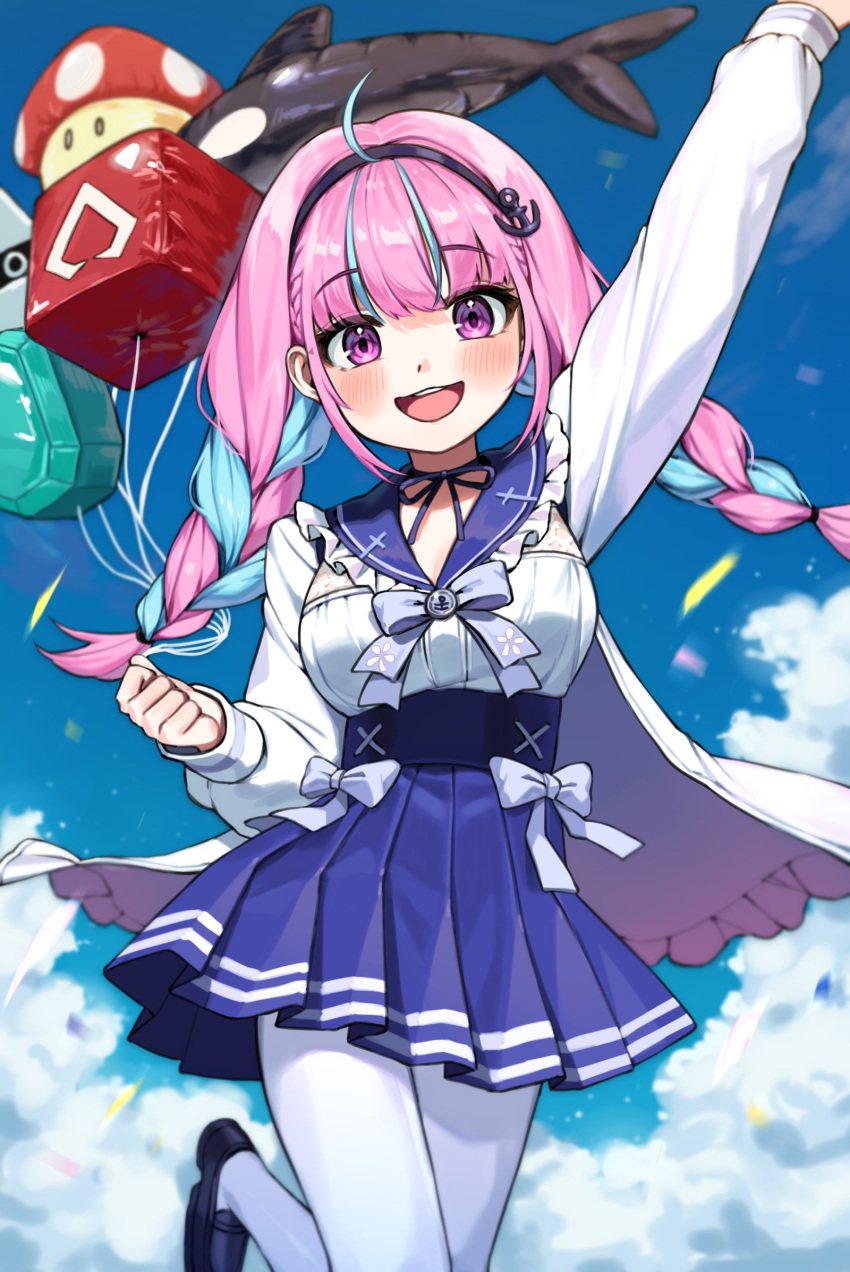 1girl :d ahoge anchor_hair_ornament anchor_print anchor_symbol arm_above_head balloon bangs black_footwear blooper blue_bow blue_dress blue_hair blunt_bangs blush bow braid breasts brooch clenched_hand clouds cloudy_sky day dress eyebrows_visible_through_hair foot_out_of_frame hair_ornament highres holding holding_balloon hololive jewelry long_sleeves looking_at_viewer super_mario_bros. medium_breasts minato_aqua multicolored_hair open_mouth outdoors pantyhose pink_eyes pink_hair pleated_skirt sash skirt sky smile solo streaked_hair twin_braids twintails two-tone_hair upper_teeth useq1067 virtual_youtuber white_legwear