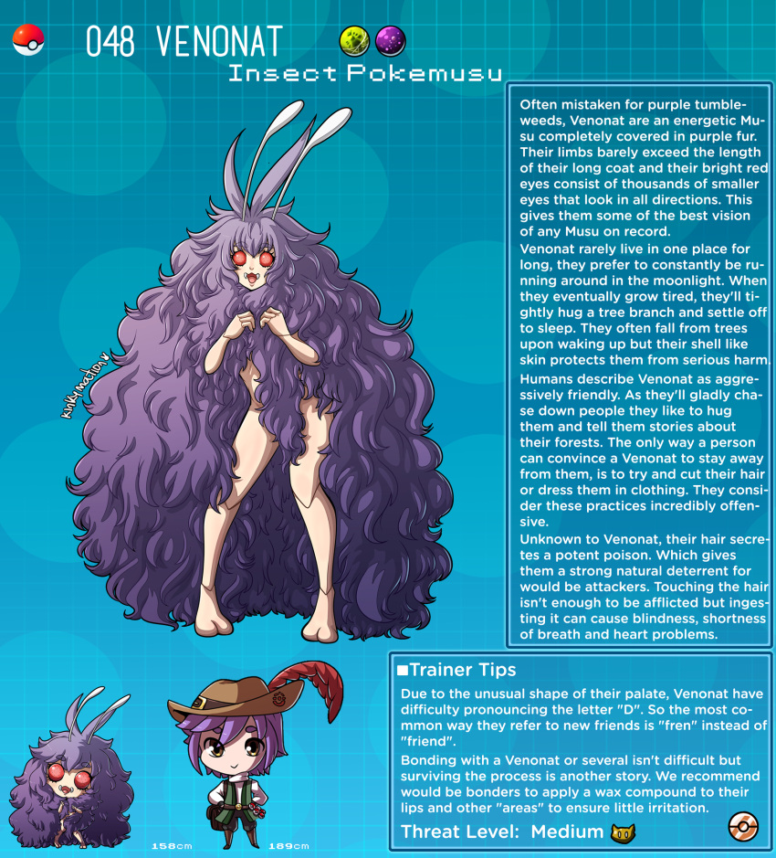 1girl arms_up breasts character_name english_text full_body gen_1_pokemon highres horns kinkymation long_hair looking_at_viewer open_mouth pokemon purple_hair red_eyes simple_background standing venonat very_long_hair
