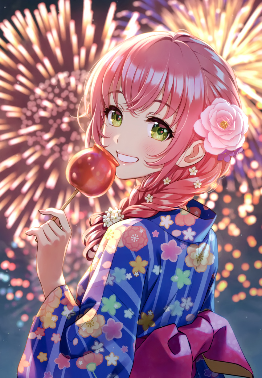 1girl absurdres bangs blush braid candy_apple eyebrows_visible_through_hair fireworks floral_print food green_eyes hair_ornament highres holding holding_food japanese_clothes kimono lips long_hair looking_at_viewer morikura_en night night_sky original outdoors parted_lips pink_hair scan shiny shiny_hair shiny_skin simple_background single_braid sky solo tied_hair upper_body