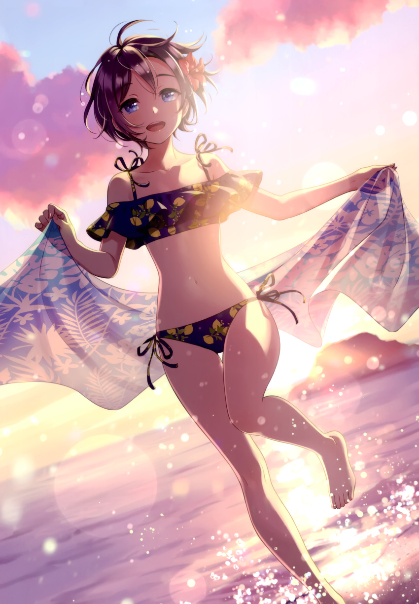 1girl absurdres bangs barefoot bikini blue_eyes blue_hair breasts clouds cloudy_sky collarbone fingernails floral_print flower gradient_sky hair_flower hair_ornament hibiscus highres holding leg_up morikura_en navel ocean open_mouth original outdoors sarong scan shiny shiny_hair short_hair side-tie_bikini sky small_breasts smile solo stomach sunset swimsuit toes water water_drop