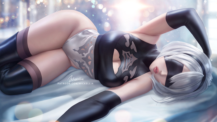 1girl artist_name black_blindfold black_gloves black_hairband black_legwear blindfold blue_eyes breasts cleavage_cutout clothing_cutout commentary curvy elbow_gloves english_commentary gloves hairband large_breasts lying nier_(series) on_side parted_lips patreon_username solo thick_thighs thigh-highs thighs watermark web_address white_hair wickellia yorha_no._2_type_b
