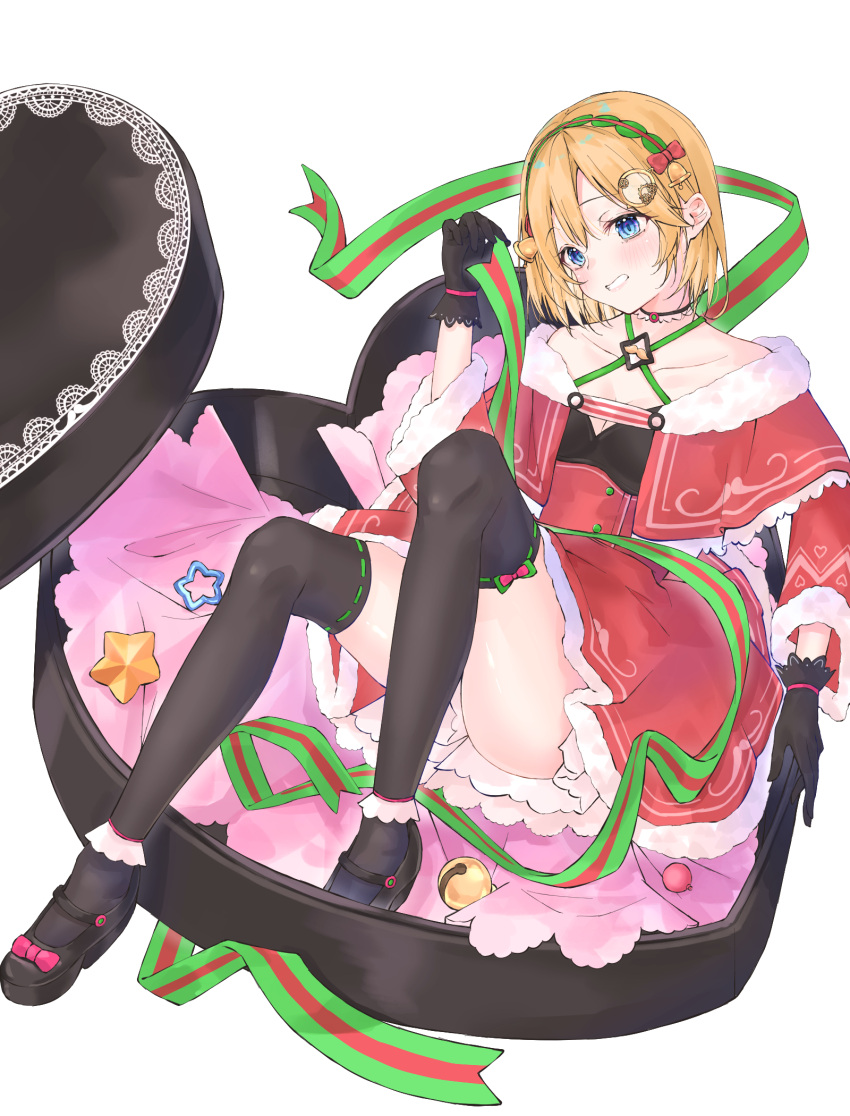 1girl alternate_breast_size alternate_costume ass bell black_gloves black_legwear blonde_hair blue_eyes box breasts choker christmas frilled_choker frills fur_trim gloves green_ribbon grin hair_bell hair_ornament high_heels highres hololive hololive_english kiaoekakishitai knees_up lace-trimmed_gloves lace_trim looking_at_viewer mary_janes monocle_hair_ornament red_skirt ribbon shoes short_hair simple_background sitting skirt small_breasts smile solo star_(symbol) striped striped_ribbon thighs virtual_youtuber watson_amelia white_background