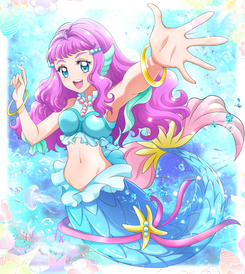 1girl :d air_bubble armpits bangs bare_shoulders blue_eyes blue_shirt blush bracelet breasts bubble commentary_request coral crop_top fish full_body groin hair_ornament hands_up hanzou head_fins highres jellyfish jewelry kneeless_mermaid laura_(precure) long_hair looking_at_viewer medium_breasts mermaid midriff monster_girl navel necklace open_mouth pearl_hair_ornament pearl_necklace pink_ribbon precure purple_hair ribbon scales shirt sidelocks sleeveless sleeveless_shirt smile solo split_tail tropical-rouge!_precure underwater upper_teeth wavy_mouth