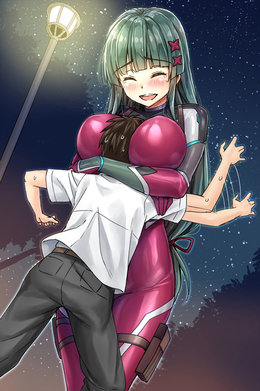 1boy 1girl between_breasts bodysuit breast_smother breasts brown_hair closed_eyes face_to_breasts green_hair head_between_breasts height_difference highres hug kotatsu_(kotatsu358) large_breasts ninja original skin_tight smile