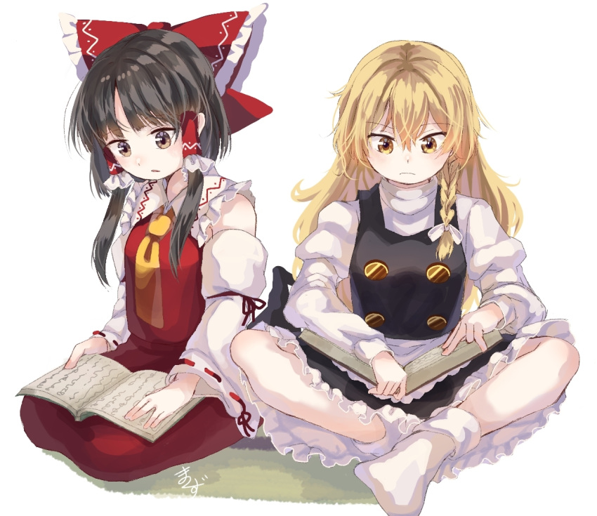 2girls bangs black_hair black_skirt black_vest blonde_hair bobby_socks book book_on_lap bow braid breasts brown_eyes butterfly_sitting commentary_request cravat detached_sleeves hair_between_eyes hair_bow hair_ribbon hair_tubes hakurei_reimu high_collar holding holding_book juliet_sleeves kirisame_marisa light_frown long_hair long_sleeves looking_down meronpan_(ghzk2583) multiple_girls no_hat no_headwear on_floor open_book parted_lips petticoat puffy_sleeves reading red_skirt red_vest ribbon ribbon-trimmed_sleeves ribbon_trim seiza shirt short_hair sidelocks signature simple_background single_braid sitting skirt small_breasts socks touhou tress_ribbon very_long_hair vest white_background white_legwear white_shirt yellow_eyes yellow_neckwear