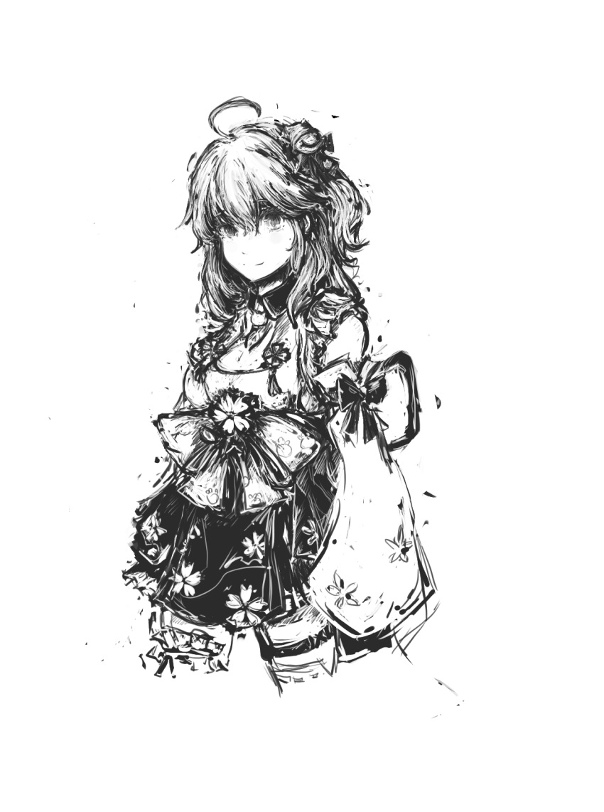 1girl ahoge bangs bell bow breasts cherry_blossom_print closed_mouth cowboy_shot detached_sleeves disconnected_mouth eyebrows_visible_through_hair floral_print frills hair_bell hair_between_eyes hair_ornament highres hololive legs_apart long_sleeves medium_breasts medium_hair merpperoni monochrome one_side_up paw_print_pattern sakura_miko simple_background single_thighhigh sleeves_past_fingers sleeves_past_wrists smile solo thigh-highs thigh_strap virtual_youtuber white_background