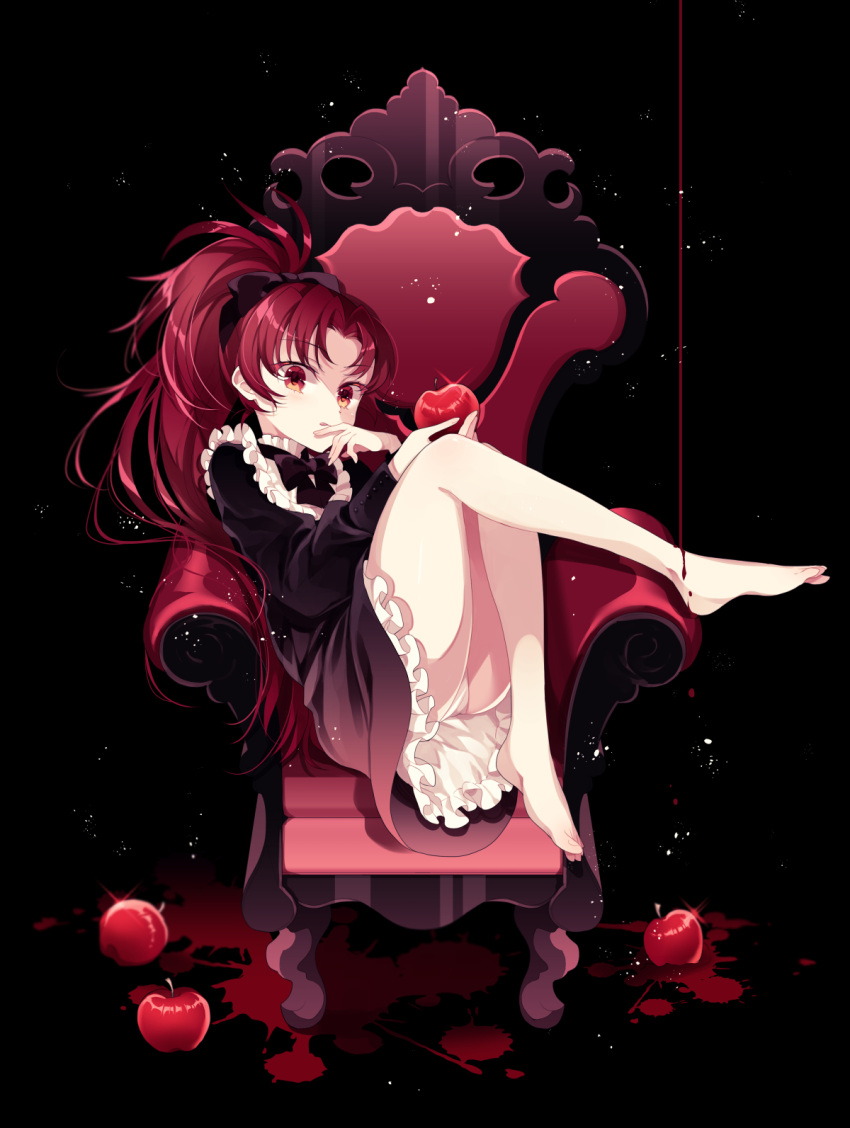 1girl apple ayumaru_(art_of_life) bangs bare_legs barefoot black_background black_dress blood blood_splatter bow chair dress eyebrows_visible_through_hair feet finger_to_mouth food frilled_dress frills fruit full_body hair_bow highres holding holding_food holding_fruit licking_lips long_hair long_sleeves looking_at_viewer magical_girl mahou_shoujo_madoka_magica panties pantyshot parted_bangs ponytail red_eyes redhead sakura_kyouko simple_background sitting solo thick_thighs thighs tongue tongue_out underwear upskirt