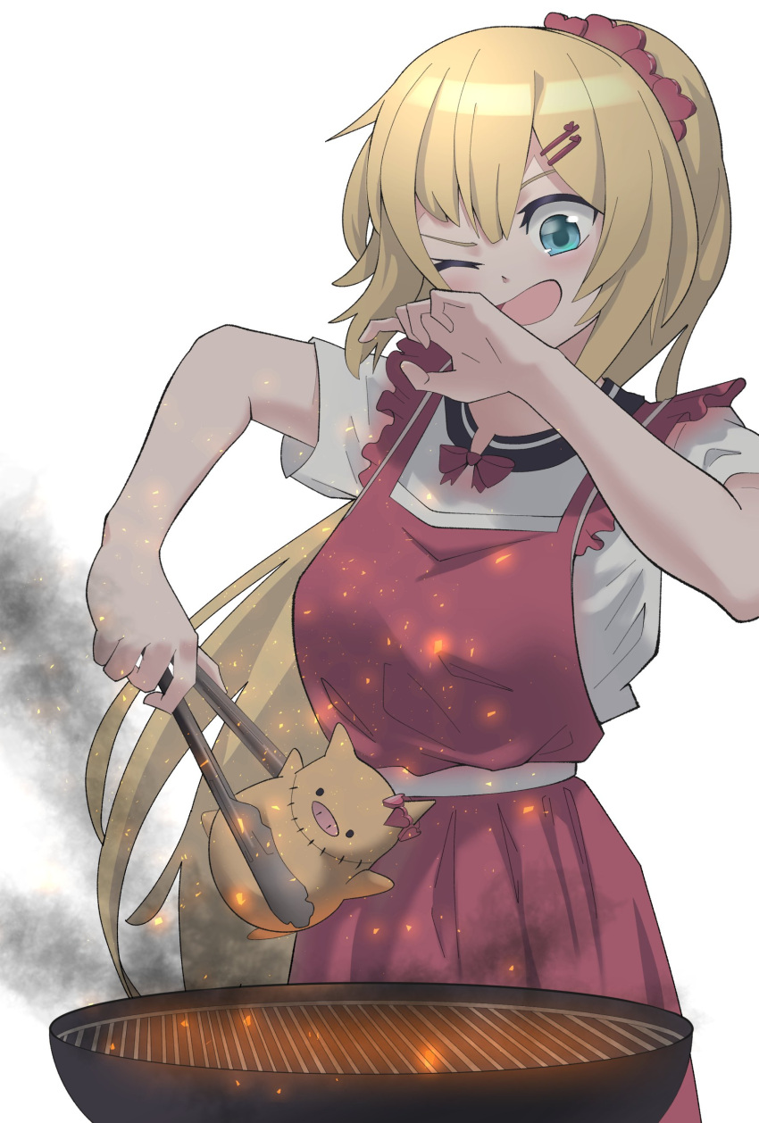 1girl absurdres akai_haato barbecue blonde_hair bow cooking eyebrows_behind_hair haaton_(akai_haato) hair_ornament hairclip highres hololive long_ponytail looking_down mechjunk one_eye_closed open_hand open_mouth ponytail red_bow solo tied_hair tongs virtual_youtuber white_background