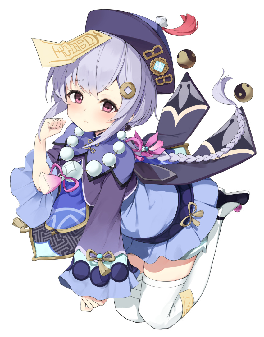 1girl bead_necklace beads bell_sleeves black_footwear braid braided_ponytail coin_hair_ornament commentary_request dorok floating_hair genshin_impact hair_ornament hand_up hat highres jewelry jiangshi legs_up looking_at_viewer necklace ofuda ofuda_on_clothes pink_eyes pom_pom_(clothes) purple_hair purple_headwear qing_guanmao qiqi simple_background single_braid sleeves_past_wrists solo talisman tassel thigh-highs vision_(genshin_impact) white_background white_legwear yin_yang