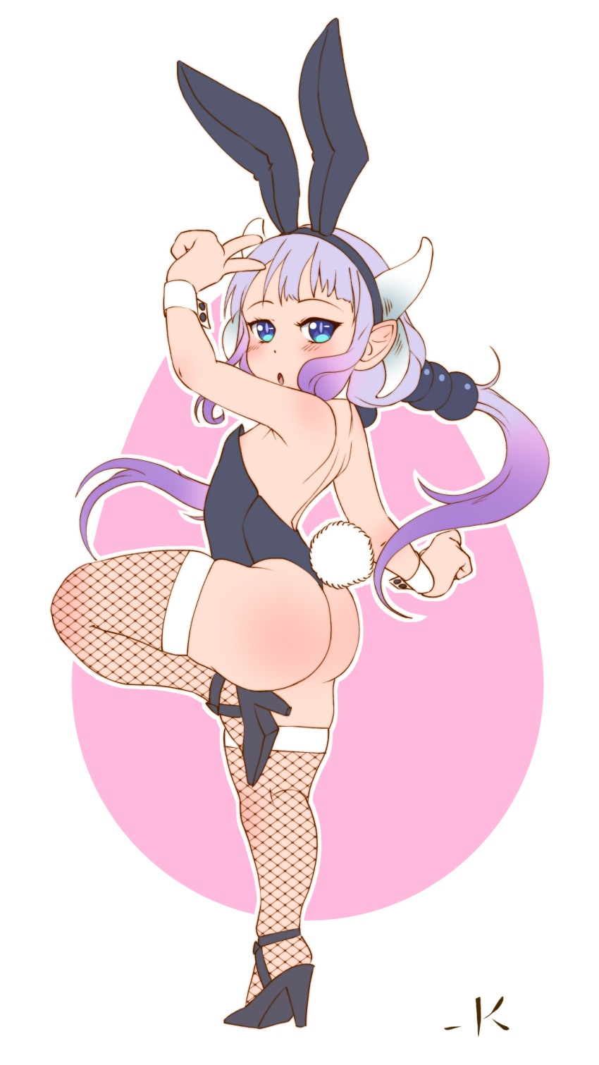 animal_ears ass black_leotard blue_eyes bunny_tail dragon_girl dragon_horns fake_animal_ears fake_tail fishnet_legwear fishnets gradient_hair hairband high_heels highres horns kanna_kamui khaz kobayashi-san_chi_no_maidragon leotard light_purple_hair looking_at_viewer low_twintails multicolored_hair playboy_bunny playboy_bunny_leotard rabbit rabbit_ears strapless strapless_leotard tail thigh-highs twintails wrist_cuffs