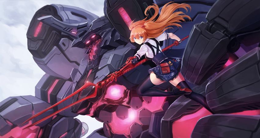 1girl bangs black_footwear blue_eyes blue_skirt boots brown_hair closed_mouth clouds cloudy_sky floating_hair full_body hair_between_eyes headgear high-waist_skirt highres holding holding_weapon long_hair looking_at_viewer mecha miniskirt neon_genesis_evangelion outdoors shirt short_sleeves skirt sky solo souryuu_asuka_langley thigh-highs thigh_boots twintails ulquiorra0 very_long_hair weapon white_shirt zettai_ryouiki