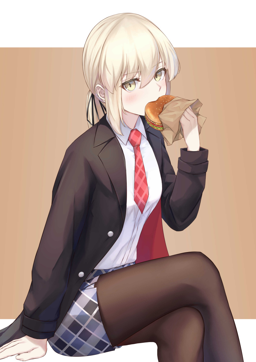 1girl absurdres artoria_pendragon_(all) bangs black_coat black_legwear black_ribbon blush brown_background coat collared_shirt crossed_legs dress_shirt eating eyebrows_visible_through_hair fate/stay_night fate_(series) food fuwatoromonta hair_between_eyes hair_ribbon hamburger highres holding holding_food invisible_chair letterboxed long_hair long_sleeves looking_at_viewer miniskirt necktie open_clothes open_coat pantyhose plaid_neckwear ponytail red_neckwear ribbon saber_alter shirt silver_hair sitting skirt solo white_shirt wing_collar yellow_eyes